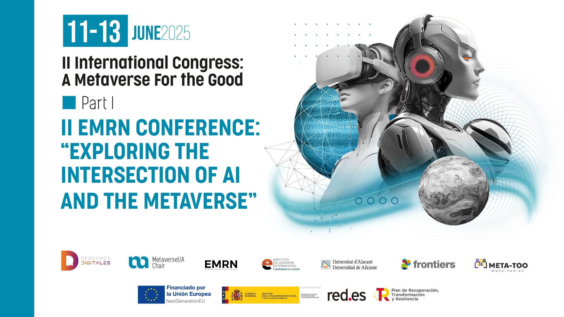 Diseño gráfico del banner oficial del II Congreso Internacional de la Cátedra del Metaverso, con figuras robóticas, elementos digitales y tipografía moderna