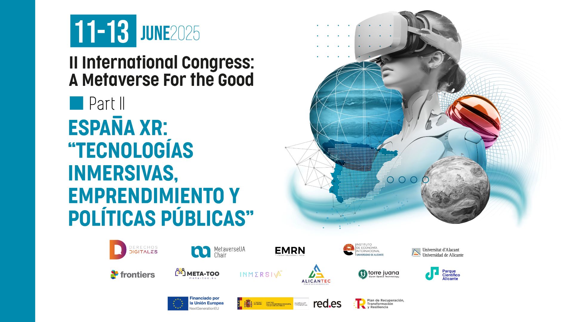 Diseño gráfico del banner oficial del II Congreso Internacional de la Cátedra del Metaverso, con figuras robóticas, elementos digitales y tipografía moderna