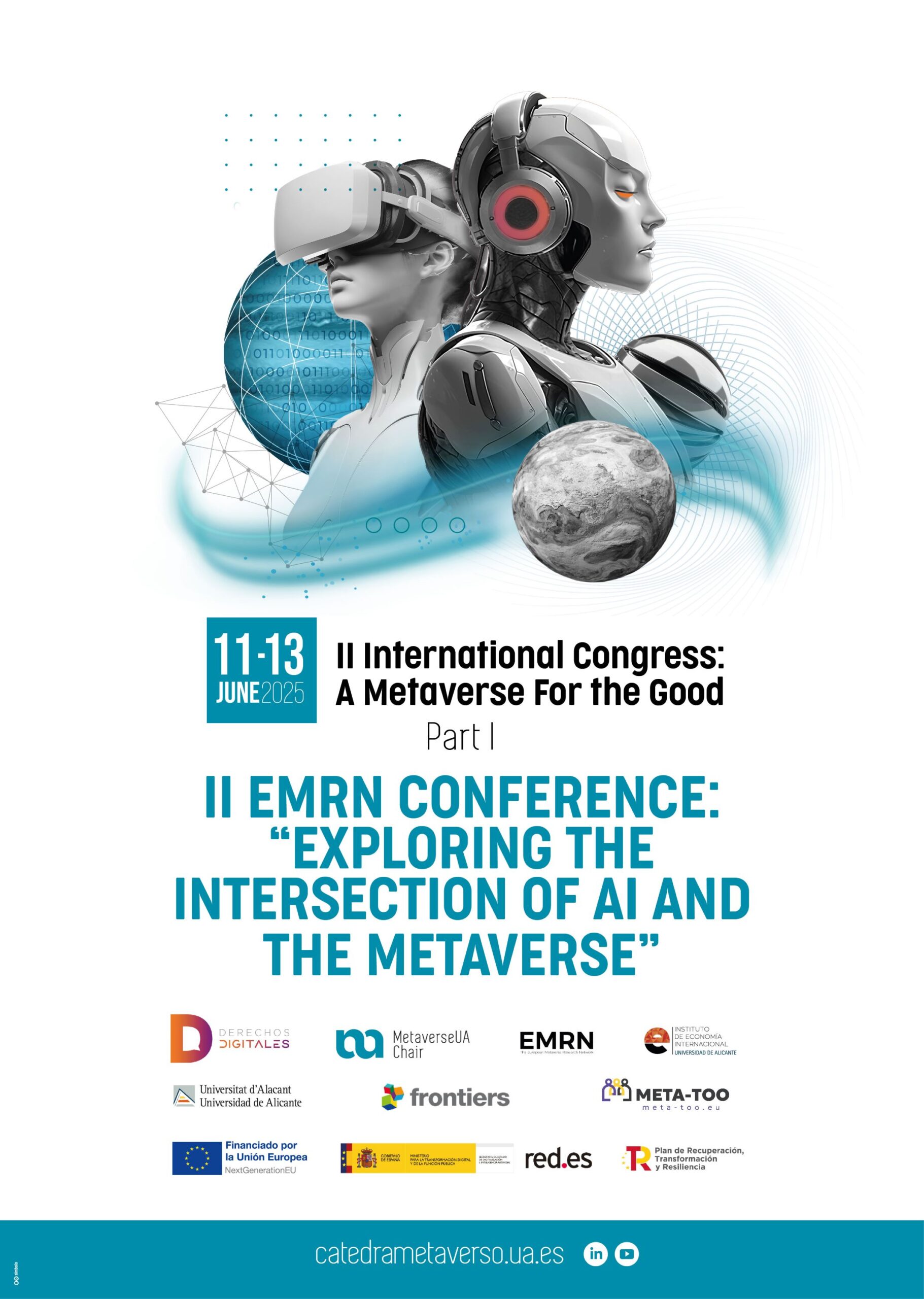Diseño gráfico del cartel oficial del II Congreso Internacional de la Cátedra del Metaverso, con figuras robóticas, elementos digitales y tipografía moderna