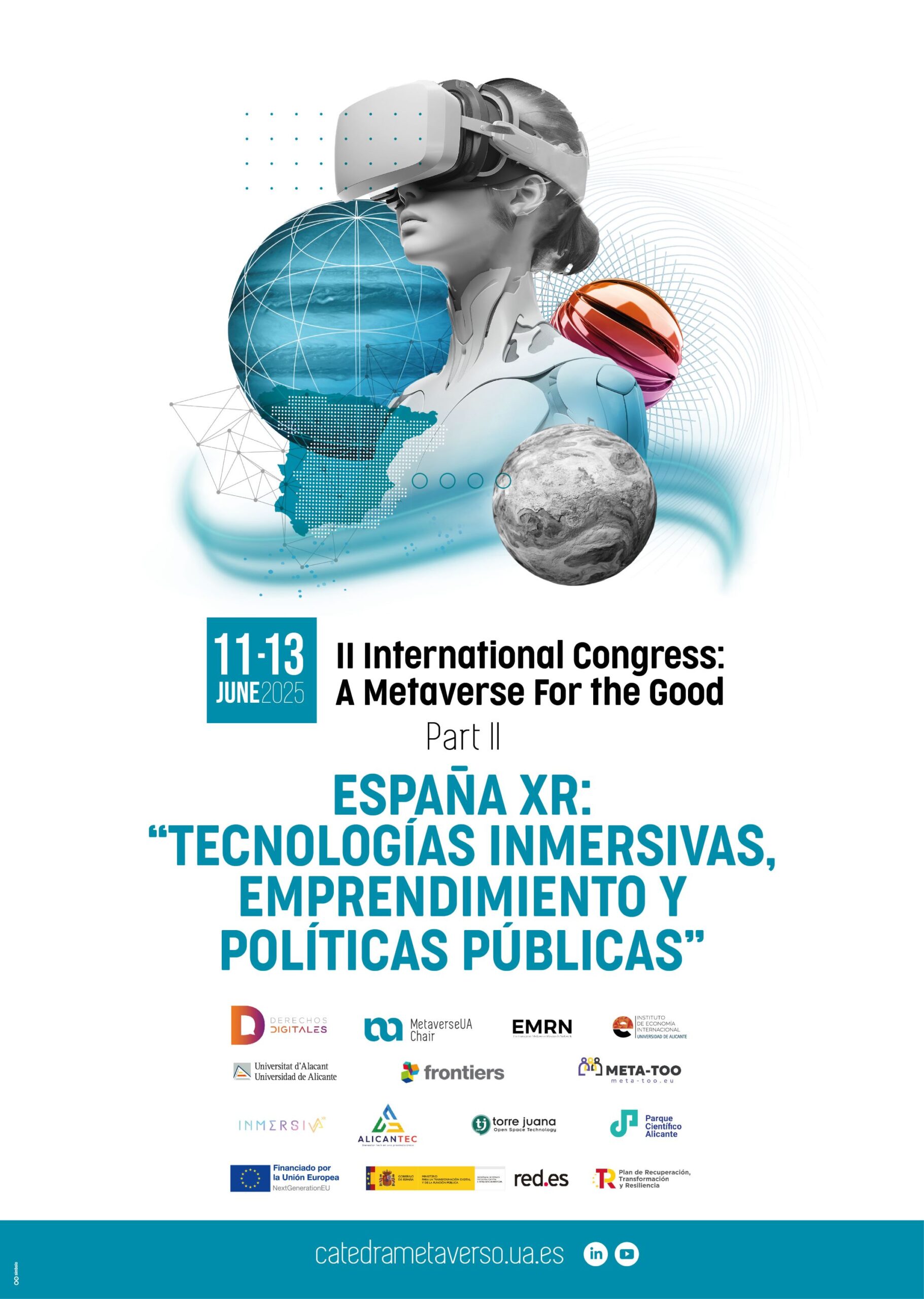Diseño gráfico del cartel oficial del II Congreso Internacional de la Cátedra del Metaverso, con figuras robóticas, elementos digitales y tipografía moderna