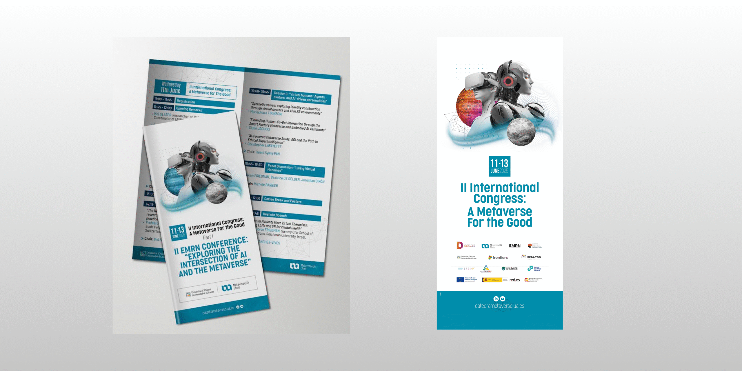 Diseños gráficos del programa y del rollup oficial del II Congreso Internacional de la Cátedra del Metaverso, con figuras robóticas, elementos digitales y tipografía moderna